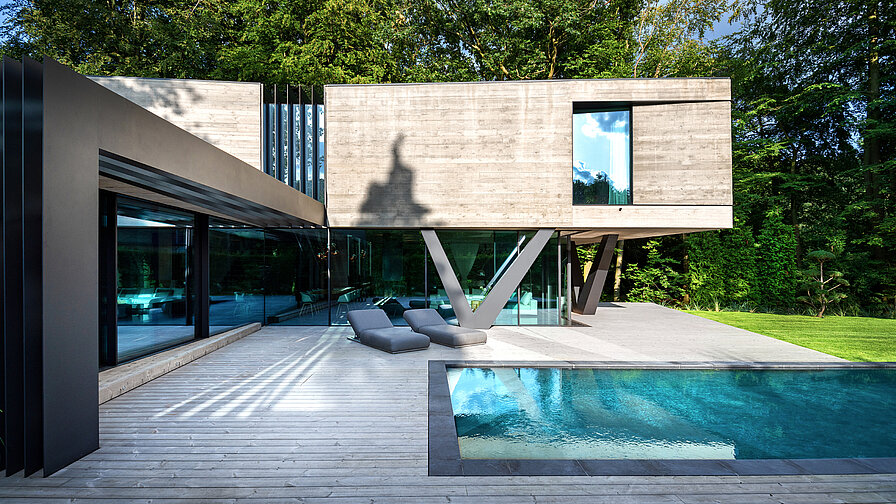 Die Villa Neo wurde in sägerauem Ortbeton umgesetzt. Patina ist dabei erwünscht zur Widerspiegelung der Natur. 